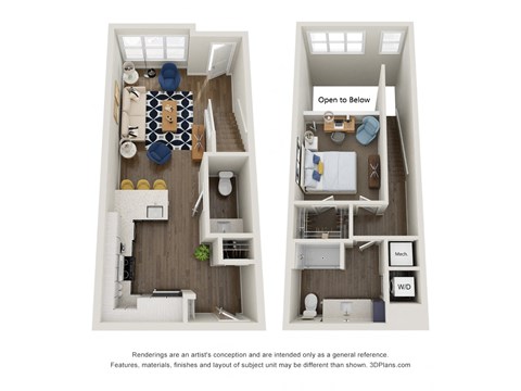 Floor plan for 1 bed, 1.5 baths, 857 sqft